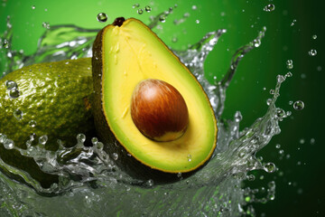 Avocado with water splash on green background