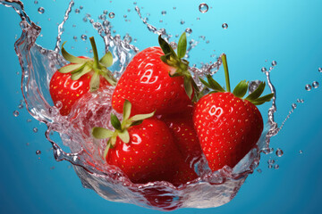 Strawberry water splash on a blue background