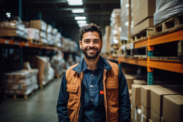 Smiling male warehouse worker in overalls