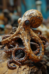 A scene of a cork octopus, with tentacles crafted from flexible cork strips.