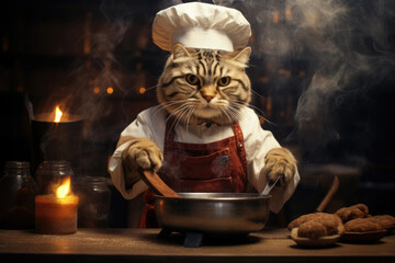 Funny cat cook cooking in the kitchen - obrazy, fototapety, plakaty