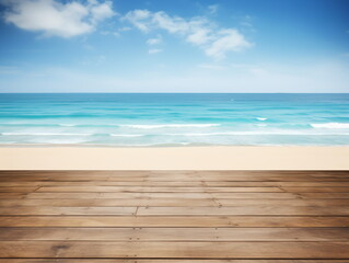 Fototapeta premium Wooden dock over calm ocean with white clouds in background