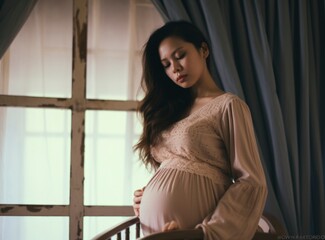 Smiling pregnant woman sitting cross-legged on bed at home