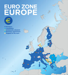 Euro Zone currency, year 2024, vector illustration, map of the european Euro Zone currency with flags, borders and territories