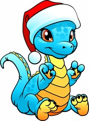 Cute blue baby dragon in Santa hat. Cartoon Christmas illustration.