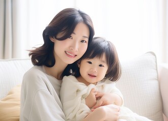 Asian mother hugging toddler daughter and playing together