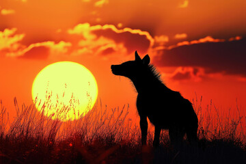 A hyena against the backdrop of a vibrant sunset