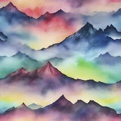 Watercolor of Aurora over the Mountain painting with Rubbing Alcohol technique.  - obrazy, fototapety, plakaty