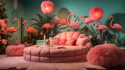Pink and green surreal bedroom interior with round tufted bed and pink flamingos