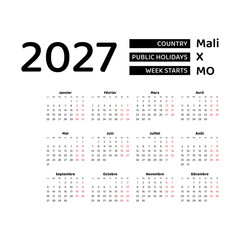 Calendar 2027 French language with Mali public holidays. Week starts from Monday. Graphic design vector illustration.