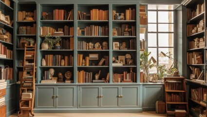 photo of an office room in a classic style with a large bookcase made by AI generative