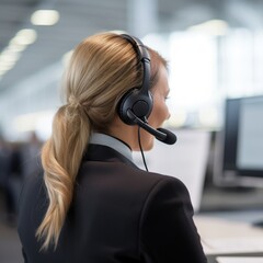 Blond businesswoman wearing headset working in office