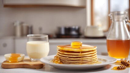 photo of breakfast pancakes with honey and a glass of milk made by AI generative