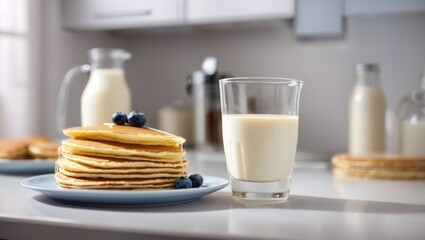 photo of breakfast pancakes with honey and a glass of milk made by AI generative