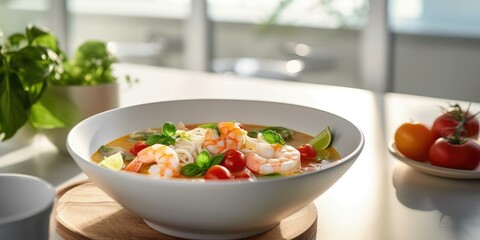 Asian cuisine. Tom yam soup with shrimp in a white bowl. Asian dishes.