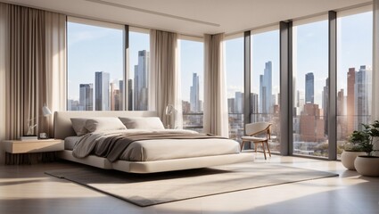 Fototapeta premium photo of the bedroom of the apartment in the style of minimalits made by AI generative