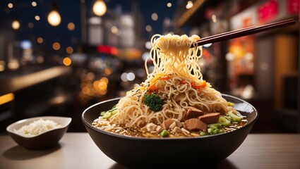 photo of a bowl of asian noodles against the background of an asian tradional market made by AI generative