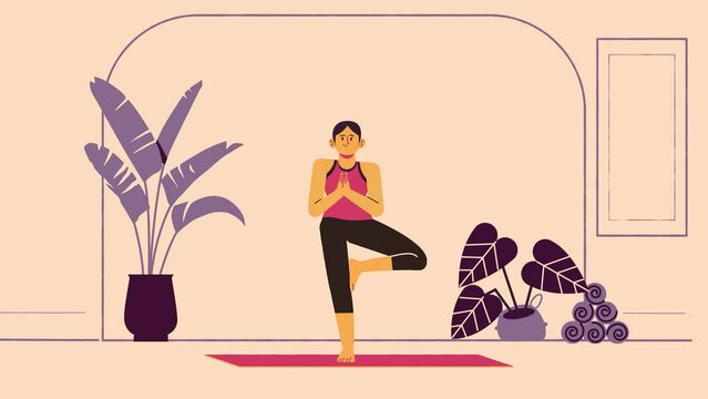 Animated Home Yoga Exercise. cartoon character. Tree Pose Practice