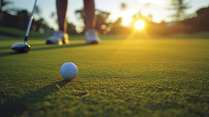 Golfer putting ball on the green golf, lens flare on sun set evening time.