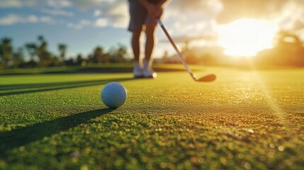 Golfer putting ball on the green golf, lens flare on sun set evening time.