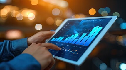 graph, business, chart, growth, success, analysis, investment, diagram, finance, marketing. hold tablet and above there has bar chart finance of investment, that's diagram inversely proportional.