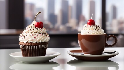 photo of cupcake cake with cream and cherries that look delicious  made by AI generative