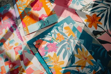 Photo of paper sheets flat lay with geometric and floral prints,