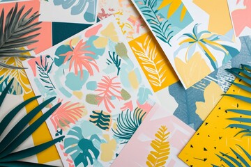 Photo of paper sheets flat lay with geometric and floral prints,