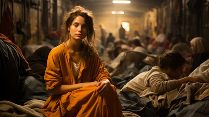 Fototapeta premium Women Sitting On Beds In Homeless Shelter