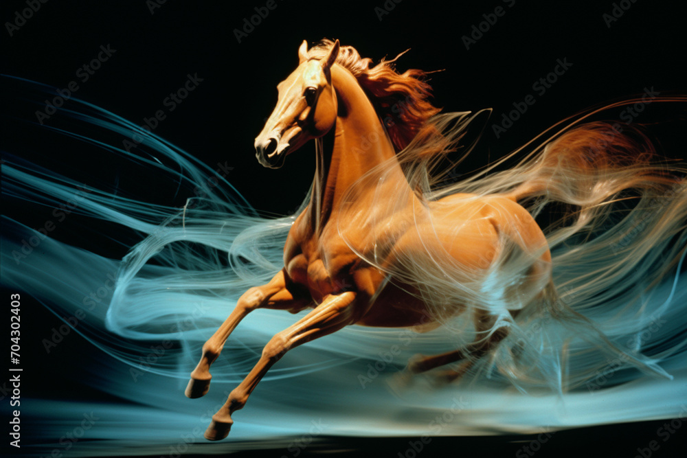 Poster a horse depicted with dynamic, flowing lines suggesting movement