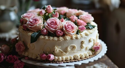 Obraz na płótnie Canvas A Pink, Blue, and White Birthday Cake with a Bow - AI Generated