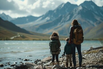 Fototapeta premium beautiful woman with long Scandinavian hair with backpack on the background of nature and mountains stands with children and looks at the lake.back view