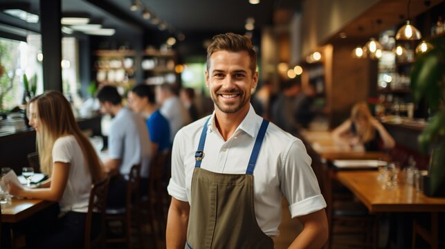 Happy waiter in apron standing in restaurant