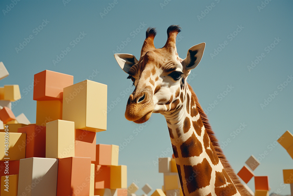 Poster a giraffe's spots represented as an array of earth-toned geometric shapes.