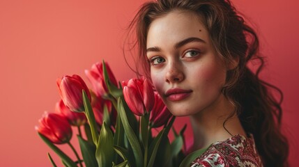 Fototapeta premium Portrait of a beautiful young girl in dress holding big bouquet of irises and tulips isolated over pink background