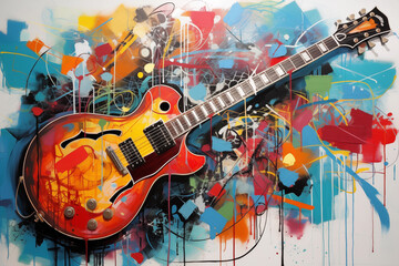 Abstract Guitar Painting in Pop Culture Collage Bursting with Vibrant Colors and Celestialpunk...