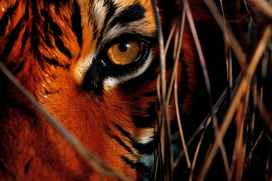 A tiger's stripes transformed into an array of abstract orange and black forms.