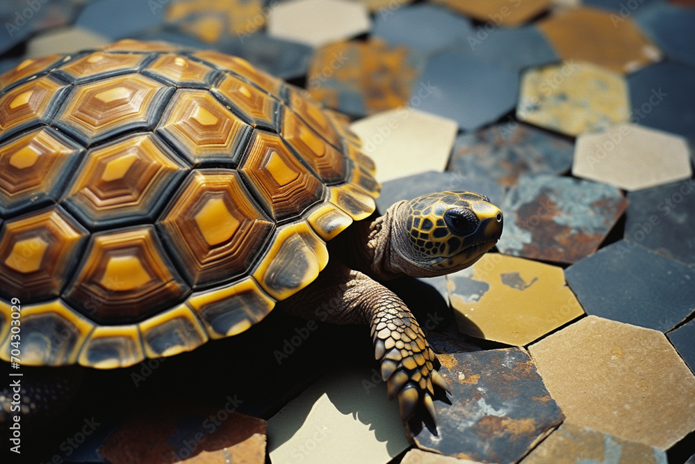 Poster A turtle's shell transformed into a mosaic of earthy, hexagonal tiles.