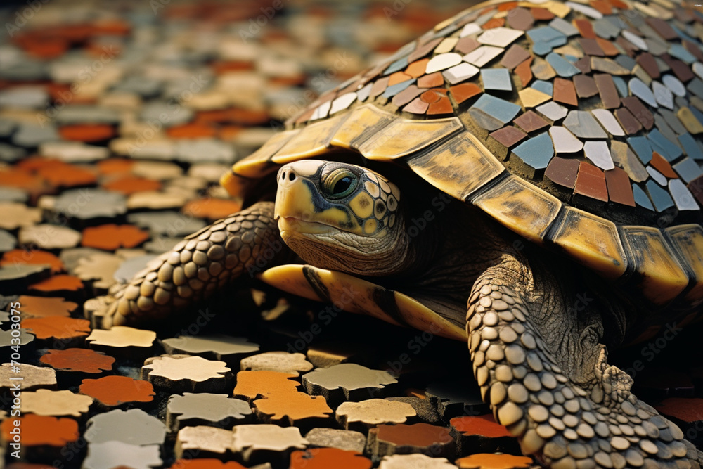 Poster A turtle's shell transformed into a mosaic of earthy, hexagonal tiles.