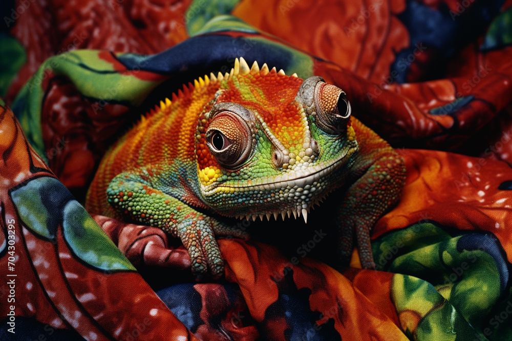 Poster A chameleon represented through a canvas of shifting, colorful patterns.