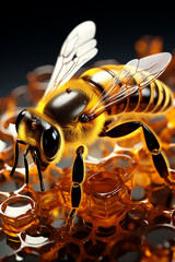 A bee abstractly depicted with geometric shapes and honeycomb patterns.