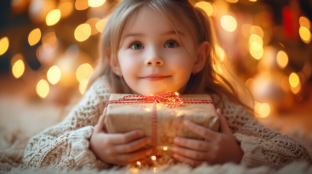 close-up happy little girl with Christmas gifts new year, beautiful bokeh DOF, free space without image
