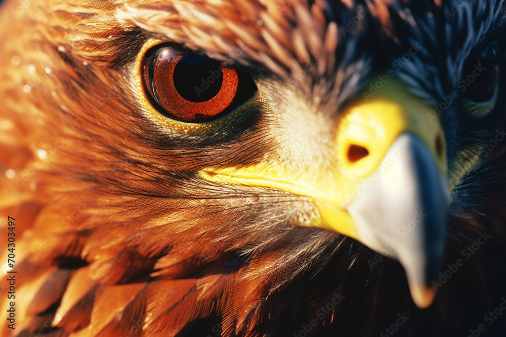 Poster a hawk's gaze abstracted with sharp, focused shapes in a fiery palette.