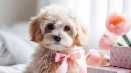 Cute beige poodle puppy with a pink bow posing next to tulips and gifts in a home setting with copy space. Concept for pets and spring holidays themes, mother's day, march 8, valentine's day. - obrazy, fototapety, plakaty