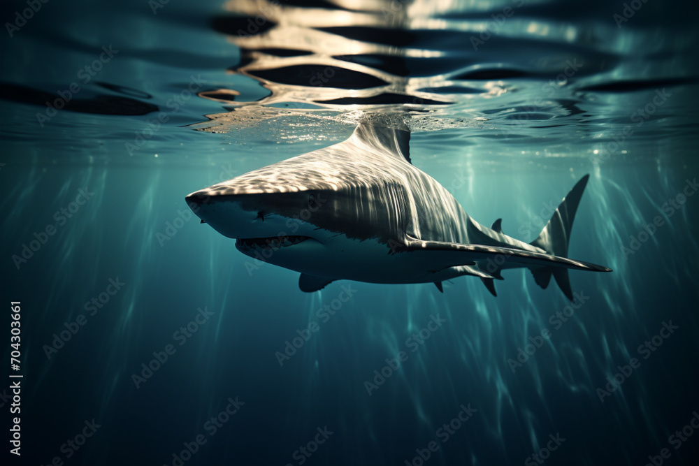 Poster A shark's fin cutting through water in a sharp, angular abstract.