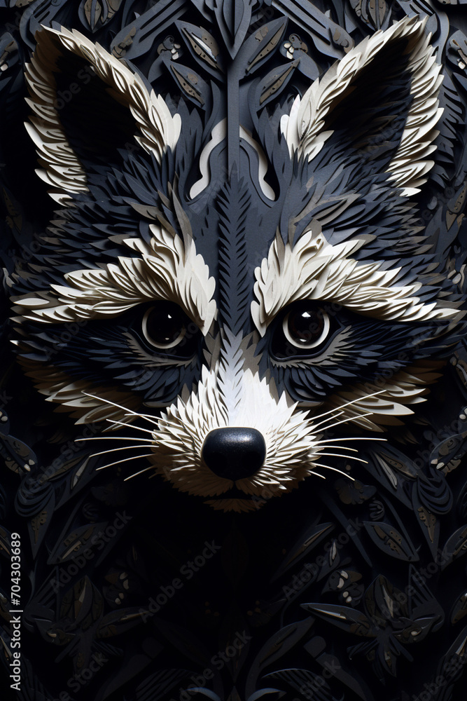 Poster a raccoon's face abstracted into mischievous black and grey patterns.