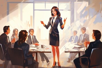 A woman confidently addresses a diverse group of individuals during a public speaking event, A female leader leading a corporate meeting, AI Generated