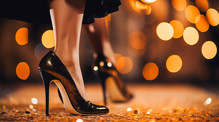 Female legs in stiletto heels on a background of golden bokeh. Selective focus. - obrazy, fototapety, plakaty