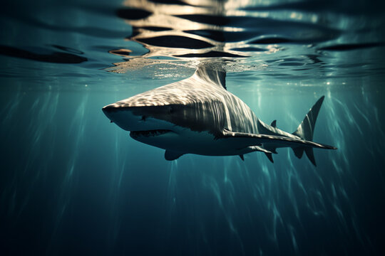 A shark's fin cutting through water in a sharp, angular abstract.