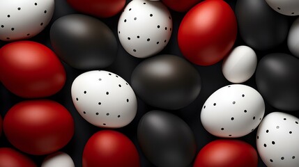 Modern Easter background of black, red and white eggs, top view.